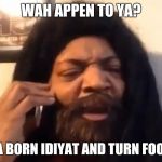 Di rass | WAH APPEN TO YA? YA BORN IDIYAT
AND TURN FOOL! | image tagged in di rass | made w/ Imgflip meme maker