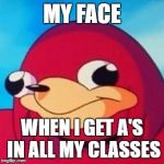 Uganda Knuckles | MY FACE; WHEN I GET A'S IN ALL MY CLASSES | image tagged in uganda knuckles | made w/ Imgflip meme maker