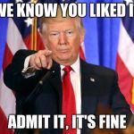 Trump Fake News | WE KNOW YOU LIKED IT; ADMIT IT, IT'S FINE | image tagged in trump fake news | made w/ Imgflip meme maker