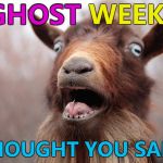Ghost Week Jan. 21-27...A LaurynFlint extravaganza... :) | GHOST; GHOST WEEK? I THOUGHT YOU SAID... | image tagged in what you mean goat,memes,ghost week,goats,animals,ghost | made w/ Imgflip meme maker