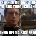 2017 Memes in Review - I'm behind on my schedule | 50 USERS TO GO, AND ALREADY TWO-THIRDS THROUGH JANUARY? I'M GONNA NEED A BIGGER MONTH | image tagged in going to need a bigger boat,memes,imgflip,top users,favorites,2017 memes in review | made w/ Imgflip meme maker