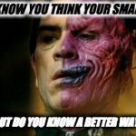 Two Face Knows | I KNOW YOU THINK YOUR SMART. BUT DO YOU KNOW A BETTER WAY? | image tagged in two face knows | made w/ Imgflip meme maker