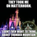 Grumpy Cat Disneyland castle | THEY TOOK ME ON MATTERHORN. I DONT EVEN WANT TO THINK ABOUT THUNDER MOUNTAIN. | image tagged in grumpy cat disneyland castle | made w/ Imgflip meme maker