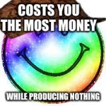 Rainbow smile face | COSTS YOU THE MOST MONEY; WHILE PRODUCING NOTHING | image tagged in rainbow smile face,scumbag | made w/ Imgflip meme maker