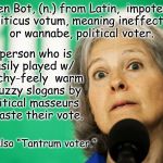 Jill Stein | Green Bot, (n.) from Latin,  impotentus politicus votum, meaning ineffective, or wannabe, political voter. A person who is easily played w/ touchy-feely  warm & fuzzy slogans by political masseurs  to waste their vote. See also “Tantrum voter.” | image tagged in jill stein | made w/ Imgflip meme maker