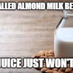 Almond Milk | IT'S CALLED ALMOND MILK BECAUSE; NUT JUICE JUST WON'T SELL | image tagged in almond milk | made w/ Imgflip meme maker