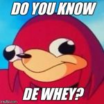 Uganda Knuckles | DO YOU KNOW; DE WHEY? | image tagged in uganda knuckles | made w/ Imgflip meme maker