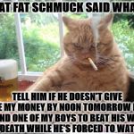 MAFIA THUG CAT | THAT FAT SCHMUCK SAID WHAT? TELL HIM IF HE DOESN'T GIVE ME MY MONEY BY NOON TOMORROW I'LL SEND ONE OF MY BOYS TO BEAT HIS WIFE TO DEATH WHILE HE'S FORCED TO WATCH! | image tagged in mafia thug cat | made w/ Imgflip meme maker