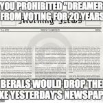 Newspaper | IF YOU PROHIBITED "DREAMERS" FROM VOTING FOR 20 YEARS; LIBERALS WOULD DROP THEM LIKE YESTERDAY'S NEWSPAPER | image tagged in newspaper | made w/ Imgflip meme maker