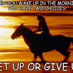 Horse and sunset | WHEN YOU WAKE UP IN THE MORNING, YOU HAVE TWO CHOICES:; GET UP OR GIVE UP | image tagged in horse and sunset | made w/ Imgflip meme maker