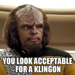Klingon Compliment | YOU LOOK ACCEPTABLE FOR A KLINGON | image tagged in klingon,compliment,star trek,tng,worf | made w/ Imgflip meme maker