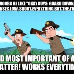 Noob Nation | NOOBS BE LIKE "OKAY GUYS: GUARD DOWN, DEFENSES LOW, SHOOT EVERYTHING BUT THE TARGET; AND MOST IMPORTANT OF ALL, SCATTER! WORKS EVERYTIME." | image tagged in noob overwatch teammates,noobs,be like,gaming,memes,video games | made w/ Imgflip meme maker
