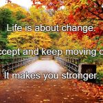 Autumn bridge | Life is about change. Accept and keep moving on. It makes you stronger. | image tagged in autumn bridge | made w/ Imgflip meme maker