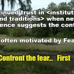 Confront the Fear | Continued trust in <institutions and traditions> when new evidence suggests the contrary; is often motivated by Fear; Confront the fear...   First | image tagged in swamps,trust,fear,confront | made w/ Imgflip meme maker