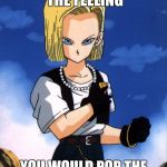 android 18 | DONT YOU HAVE THE FEELING; YOU WOULD POP THE QUESTION AT FIRST SIGHT | image tagged in android 18 | made w/ Imgflip meme maker