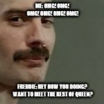 Freddie Mercury thanks you. | ME: OMG! OMG! OMG! OMG! OMG! OMG! FREDDIE: HEY HOW YOU DOING? WANT TO MEET THE REST OF QUEEN? | image tagged in freddie mercury thanks you | made w/ Imgflip meme maker