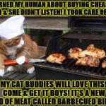 BIMBO GRILL | I WARNED MY HUMAN ABOUT BUYING CHEAP CAT FOOD & SHE DIDN'T LISTEN! I TOOK CARE OF HER! MY CAT BUDDIES WILL LOVE THIS! COME & GET IT BOYS! IT'S A NEW KIND OF MEAT CALLED BARBECUED BIMBO | image tagged in bimbo grill | made w/ Imgflip meme maker
