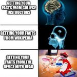 Imploding Brain | GETTING YOUR FACTS FROM A LIBRARY; GETTING YOUR FACTS FROM COLLEGE INSTRUCTORS; GETTING YOUR FACTS FROM WIKIPEDIA; GETTING YOUR FACTS FROM THE OFFICE METH HEAD; GETTING YOUR FACTS FROM SNOPES | image tagged in imploding brain | made w/ Imgflip meme maker