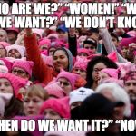 Women's March | “WHO ARE WE?” “WOMEN!” “WHAT DO WE WANT?” “WE DON’T KNOW!”; “WHEN DO WE WANT IT?” “NOW!” | image tagged in women's march | made w/ Imgflip meme maker