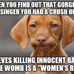 Are there any that don't? | WHEN YOU FIND OUT THAT GORGEOUS SINGER YOU HAD A CRUSH ON; BELIEVES KILLING INNOCENT BABIES IN THE WOMB IS A "WOMEN'S RIGHT" | image tagged in disappointment,pro life,right to life,maga | made w/ Imgflip meme maker