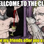 Fishmalk | WELLCOME TO THE CLUB; Can i or my friends offer you a drink? | image tagged in fishmalk,fish,idiotic,bizarre,asylum,malkavian | made w/ Imgflip meme maker