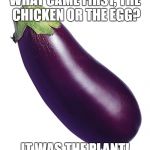 motivational eggplant | WHAT CAME FIRST, THE CHICKEN OR THE EGG? IT WAS THE PLANT! | image tagged in motivational eggplant | made w/ Imgflip meme maker