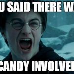 Harry Potter Angry | YOU SAID THERE WAS; CANDY INVOLVED | image tagged in harry potter angry | made w/ Imgflip meme maker
