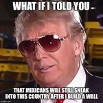 Trumpheus telling inevitable truths | WHAT IF I TOLD YOU; THAT MEXICANS WILL STILL SNEAK INTO THIS COUNTRY AFTER I BUILD A WALL | image tagged in trump morpheus,matrix morpheus,mexican,trump wall | made w/ Imgflip meme maker