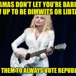 Be like Dolly, moms | MAMAS DON'T LET YOU'RE BABIES GROW UP TO BE DIMWITS OR LIBTARDS~; TEACH THEM TO ALWAYS VOTE REPUBLICAN~ | image tagged in dolly parton y su flying guitar,the pardoning of the dollys,madison memes business cleans | made w/ Imgflip meme maker