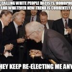 Old Men laughing | I KEEP CALLING WHITE PEOPLE RACISTS, HOMOPHOBICS, SEXISTS AND WHATEVER NEW TREND IS CURRENTLY GOING ON; AND THEY KEEP RE-ELECTING ME ANYWAYS | image tagged in old men laughing | made w/ Imgflip meme maker