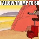 Wile e coyote dynamite | I WON'T ALLOW TRUMP TO SUCCEED | image tagged in wile e coyote dynamite | made w/ Imgflip meme maker