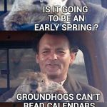 It's Grounhog Day ! | IS IT GOING TO BE AN EARLY SPRING ? GROUNDHOGS CAN'T READ CALENDARS | image tagged in ground hog day madness,bill murray,movie,lol so funny | made w/ Imgflip meme maker
