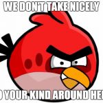 Angry Bird | WE DON'T TAKE NICELY; TO YOUR KIND AROUND HERE | image tagged in angry bird | made w/ Imgflip meme maker