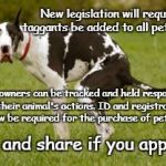 Animal Tracking | New legislation will require taggants be added to all pet foods; so pet owners can be tracked and held responsible for their animal's actions. ID and registration will now be required for the purchase of pet food. Like and share if you approve | image tagged in dog crap,taggants,regstration,id required | made w/ Imgflip meme maker