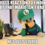 Luigi  | LUIGI'S REACTION TO FINDING OUT THAT MARIO ISN'T BRAVE; HE'S JUST STUPID | image tagged in luigi | made w/ Imgflip meme maker
