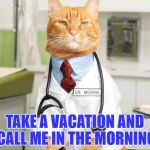 Cat Doctor | TAKE A VACATION AND CALL ME IN THE MORNING | image tagged in cat doctor | made w/ Imgflip meme maker