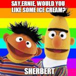 Bert and Ernie`s Pride | SAY,ERNIE, WOULD YOU LIKE SOME ICE CREAM? SHERBERT | image tagged in bert and ernies pride | made w/ Imgflip meme maker