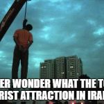 Iran Crane Hanging | EVER WONDER WHAT THE TOP TOURIST ATTRACTION IN IRAN IS? | image tagged in iran crane hanging | made w/ Imgflip meme maker
