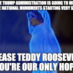 Teddy Roosevelt is our only hopw | THE TRUMP ADMINISTRATION IS GOING TO MINE ONCE NATIONAL MONUMENTS STARTING VERY SOON. PLEASE TEDDY ROOSEVELT YOU'RE OUR ONLY HOPE. | image tagged in memes,politics,donald trump,funny,help me obi-wan you're our only hope. | made w/ Imgflip meme maker
