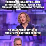 Cathy Newman | THE MEMO MAKES SALIENT COLLUSION BETWEEN THE DNC AND THE FBI; A MOST EGREGIOUS CRIME, TANTAMOUNT TO TREASON. SO WHAT YOU'RE SAYING IS THE MEMO'S A NOTHING BURGER? | image tagged in cathy newman | made w/ Imgflip meme maker