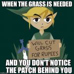 link gets new job | WHEN THE GRASS IS NEEDED; AND YOU DON'T NOTICE THE PATCH BEHIND YOU | image tagged in link gets new job | made w/ Imgflip meme maker