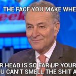 The Poster boy for stricter term limits | THE FACE YOU MAKE WHEN; YOUR HEAD IS SO FAR UP YOUR ASS THAT YOU CAN'T SMELL THE SHIT ANYMORE | image tagged in chuck schumer abc news this week,old people,i farted,stooges | made w/ Imgflip meme maker