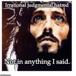 Blue-eyed Jesus | Irrational judgmental hatred; Not in anything I said. | image tagged in blue-eyed jesus | made w/ Imgflip meme maker