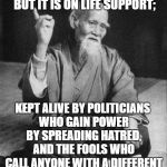 Wise Old Asian | "RACISM IS NOT DEAD, BUT IT IS ON LIFE SUPPORT;; KEPT ALIVE BY POLITICIANS WHO GAIN POWER BY SPREADING HATRED, AND THE FOOLS WHO CALL ANYONE WITH A DIFFERENT OPINION 'RACIST'." | image tagged in wise old asian,racism,political | made w/ Imgflip meme maker
