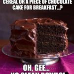 You lie most when you lie to yourself. | EAT A BOWL OF HEALTHY CEREAL OR A PIECE OF CHOCOLATE CAKE FOR BREAKFAST...? OH, GEE...  NO CLEAN BOWLS! | image tagged in chocolate cake 3,memes,breakfast,cereal | made w/ Imgflip meme maker