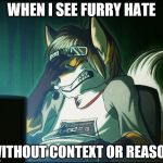 Why though? | WHEN I SEE FURRY HATE; WITHOUT CONTEXT OR REASON | image tagged in furry facepalm | made w/ Imgflip meme maker