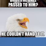 This will piss off some Patriots fans | WHY DID TOM BRADY DROP THE BALL PASSED TO HIM? HE COULDN'T HAND-LE IT. | image tagged in bad pun eagle,tom brady,hand,superbowl,memes,nfl football | made w/ Imgflip meme maker