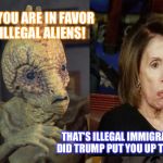 Pelosi | BUT YOU ARE IN FAVOR OF ILLEGAL ALIENS! THAT'S ILLEGAL IMMIGRANTS.  DID TRUMP PUT YOU UP TO THIS! | image tagged in pelosi | made w/ Imgflip meme maker