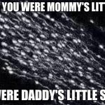 10cc | BEFORE YOU WERE MOMMY'S LITTLE BOY; YOU WERE DADDY'S LITTLE SQUIRT | image tagged in sperm,memes,funny,nsfw | made w/ Imgflip meme maker
