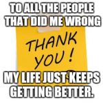 thank you | TO ALL THE PEOPLE THAT DID ME WRONG; MY LIFE JUST KEEPS GETTING BETTER. | image tagged in thank you | made w/ Imgflip meme maker